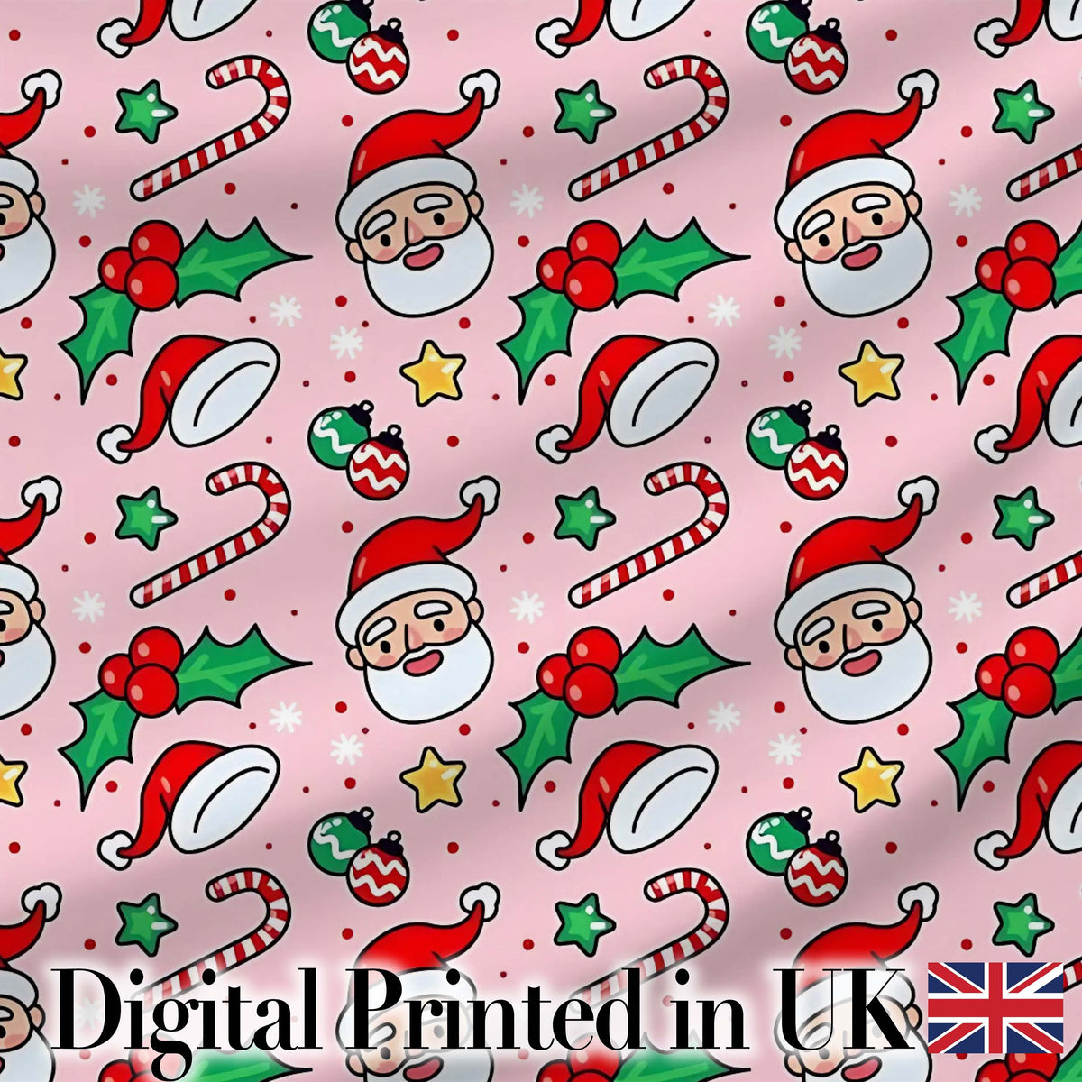 Cute Santa Face Candy Cane Holly Pink Christmas Seamless Pattern Digital Print Fabric by the Metre UK Sewing Quilting Textile
