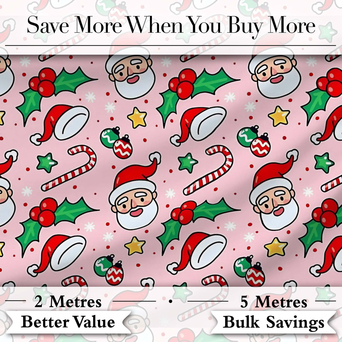 Cute Santa Face Candy Cane Holly Pink Christmas Seamless Pattern Digital Print Fabric by the Metre UK Sewing Quilting Textile