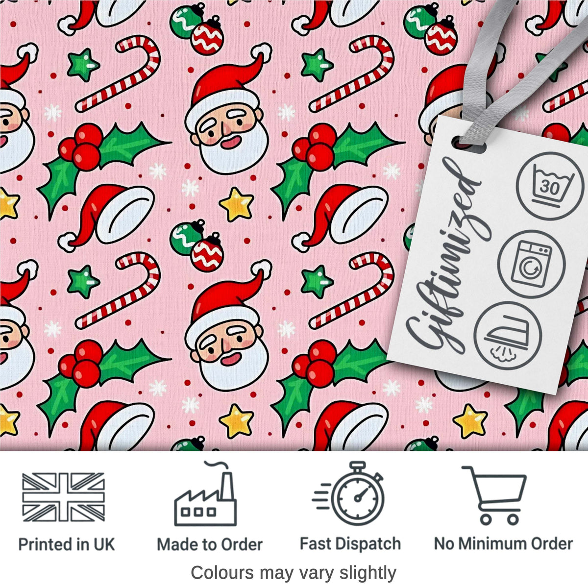 Cute Santa Face Candy Cane Holly Pink Christmas Seamless Pattern Digital Print Fabric by the Metre UK Sewing Quilting Textile