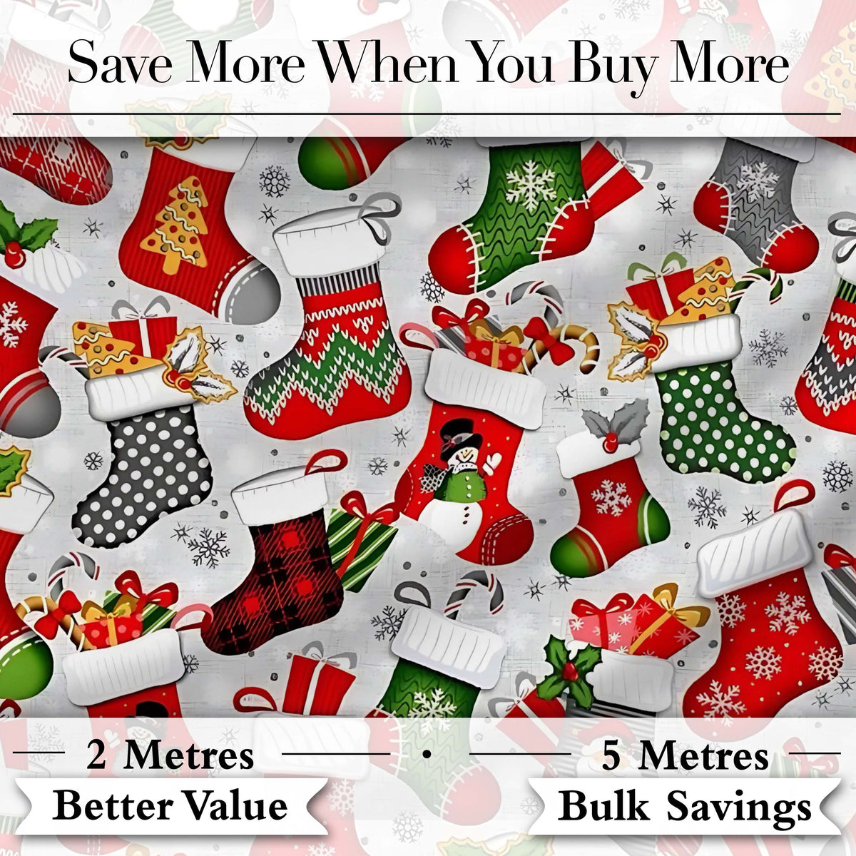 Christmas Stockings Gifts Candy Cane Snowflake Seamless Pattern Digital Print Fabric by the Metre UK Sewing Quilting Textile