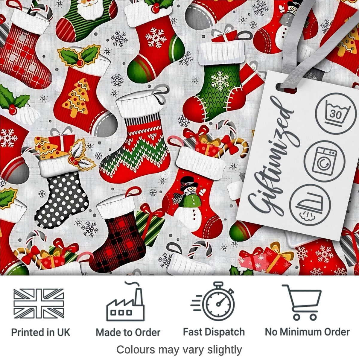 Christmas Stockings Gifts Candy Cane Snowflake Seamless Pattern Digital Print Fabric by the Metre UK Sewing Quilting Textile