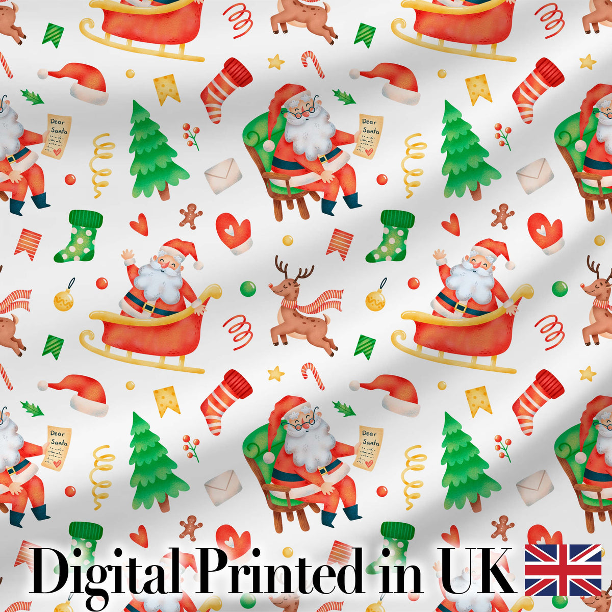 Watercolor Santa Sleigh Reindeer Christmas Seamless Pattern Digital Print Fabric by the Metre UK Sewing Quilting Textile