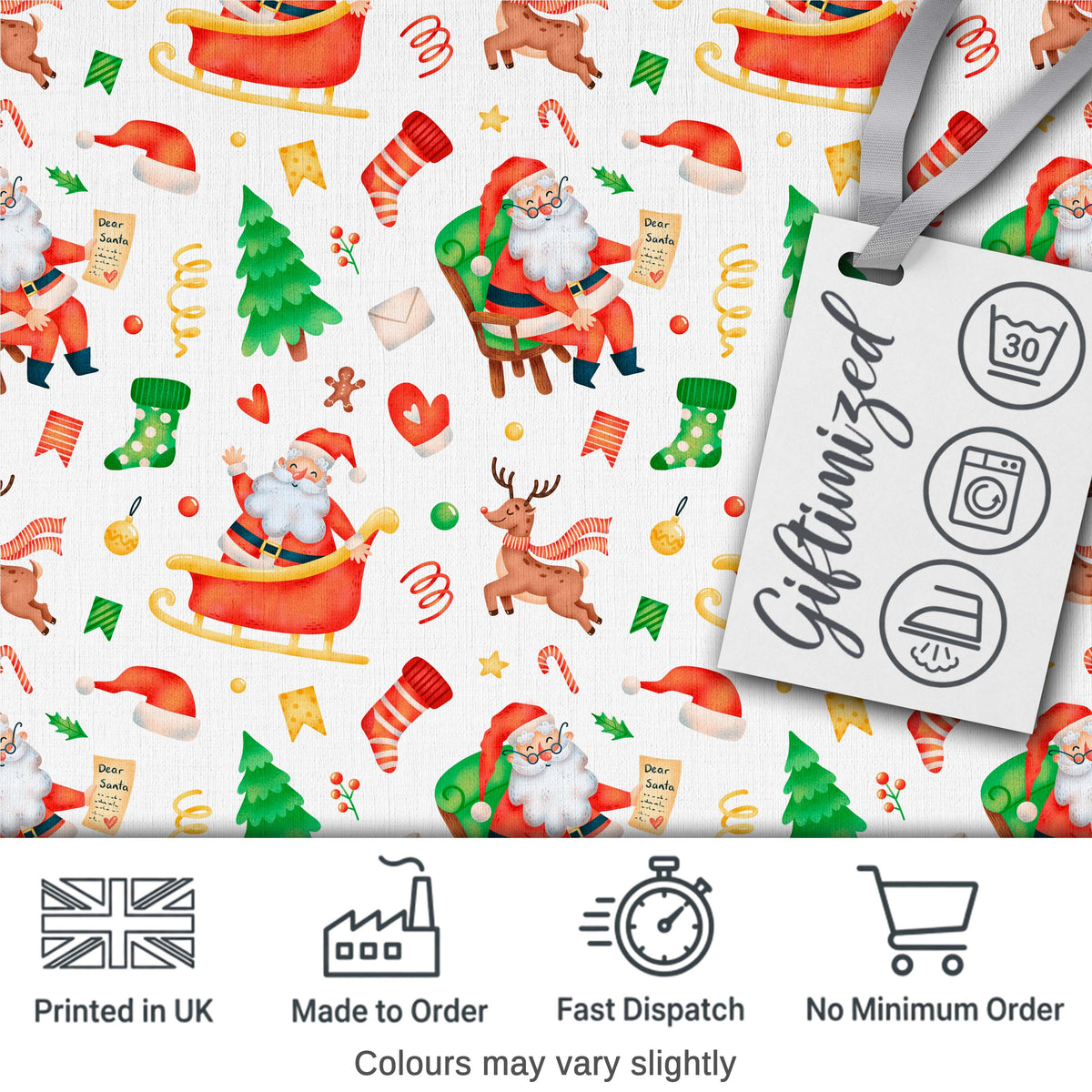 Watercolor Santa Sleigh Reindeer Christmas Seamless Pattern Digital Print Fabric by the Metre UK Sewing Quilting Textile