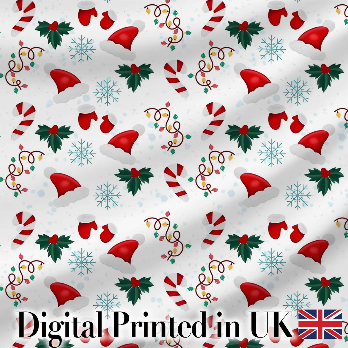 Christmas Hat Mittens Candy Cane Holly Snowflake Seamless Pattern Digital Print Fabric by the Metre UK Sewing Quilting Textile