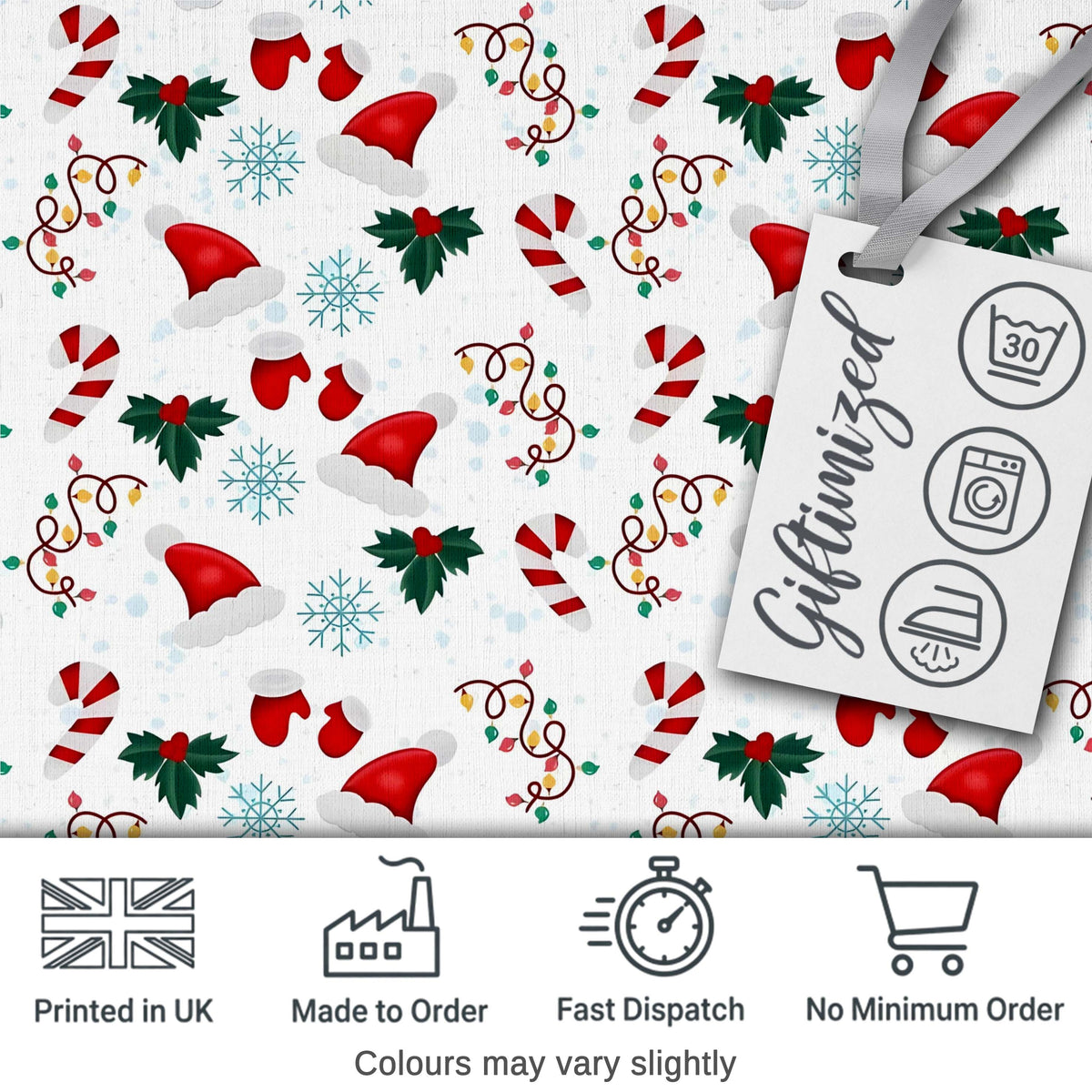Christmas Hat Mittens Candy Cane Holly Snowflake Seamless Pattern Digital Print Fabric by the Metre UK Sewing Quilting Textile