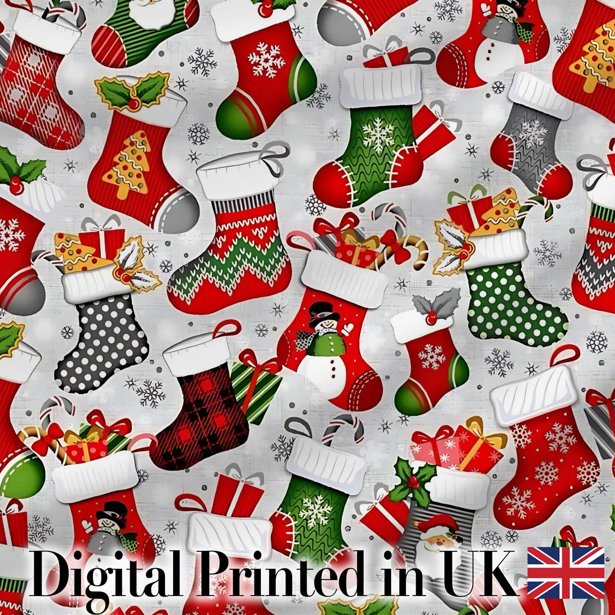 Christmas Stockings Gifts Candy Snowflake Seamless Pattern Digital Print Fabric by the Metre UK Sewing Quilting Textile