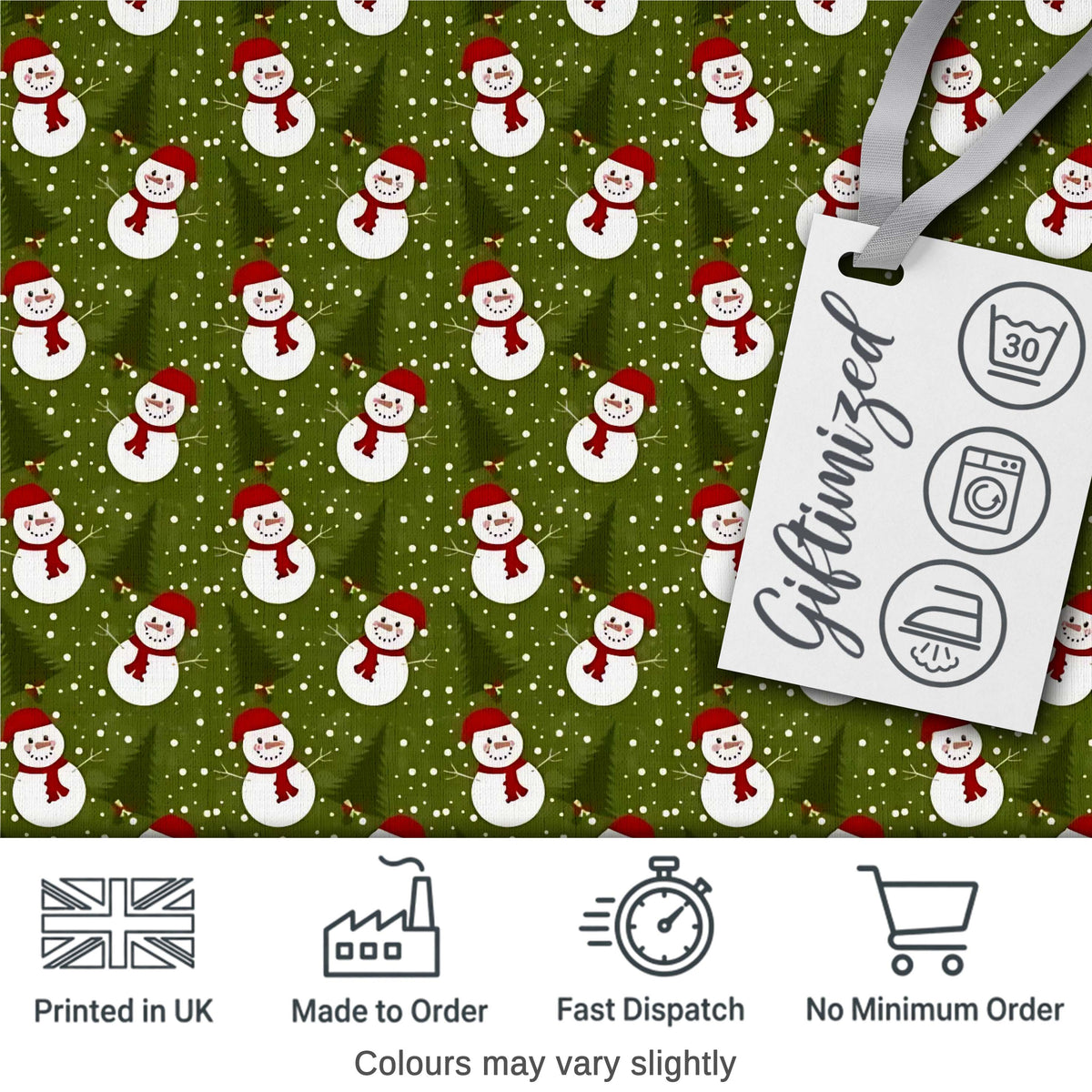 Cute Snowman Winter Forest Snowfall Seamless Pattern Digital Print Fabric by the Metre UK Sewing Quilting Textile