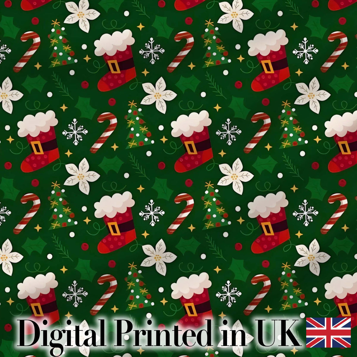 Christmas Stocking Candy Cane Tree Poinsettia Seamless Pattern Digital Print Fabric by the Metre UK Sewing Quilting Textile