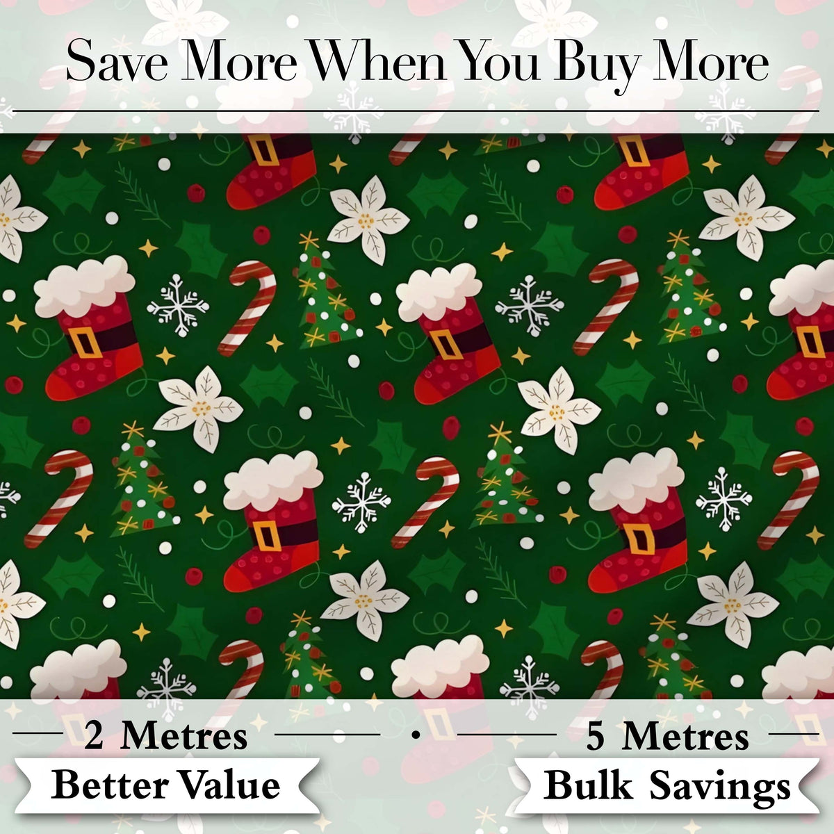 Christmas Stocking Candy Cane Tree Poinsettia Seamless Pattern Digital Print Fabric by the Metre UK Sewing Quilting Textile