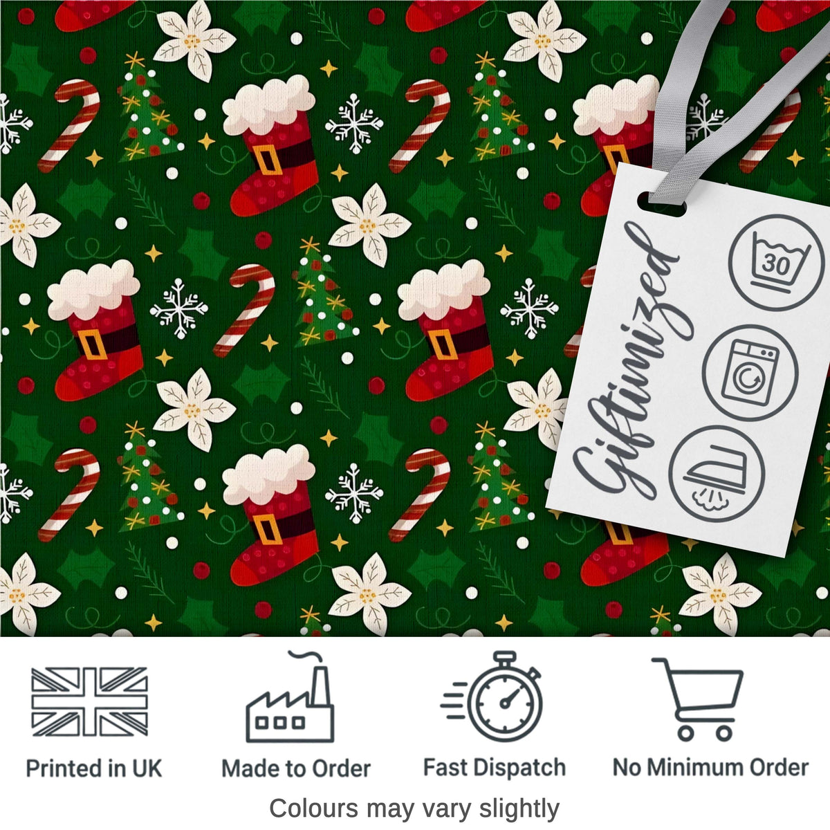 Christmas Stocking Candy Cane Tree Poinsettia Seamless Pattern Digital Print Fabric by the Metre UK Sewing Quilting Textile