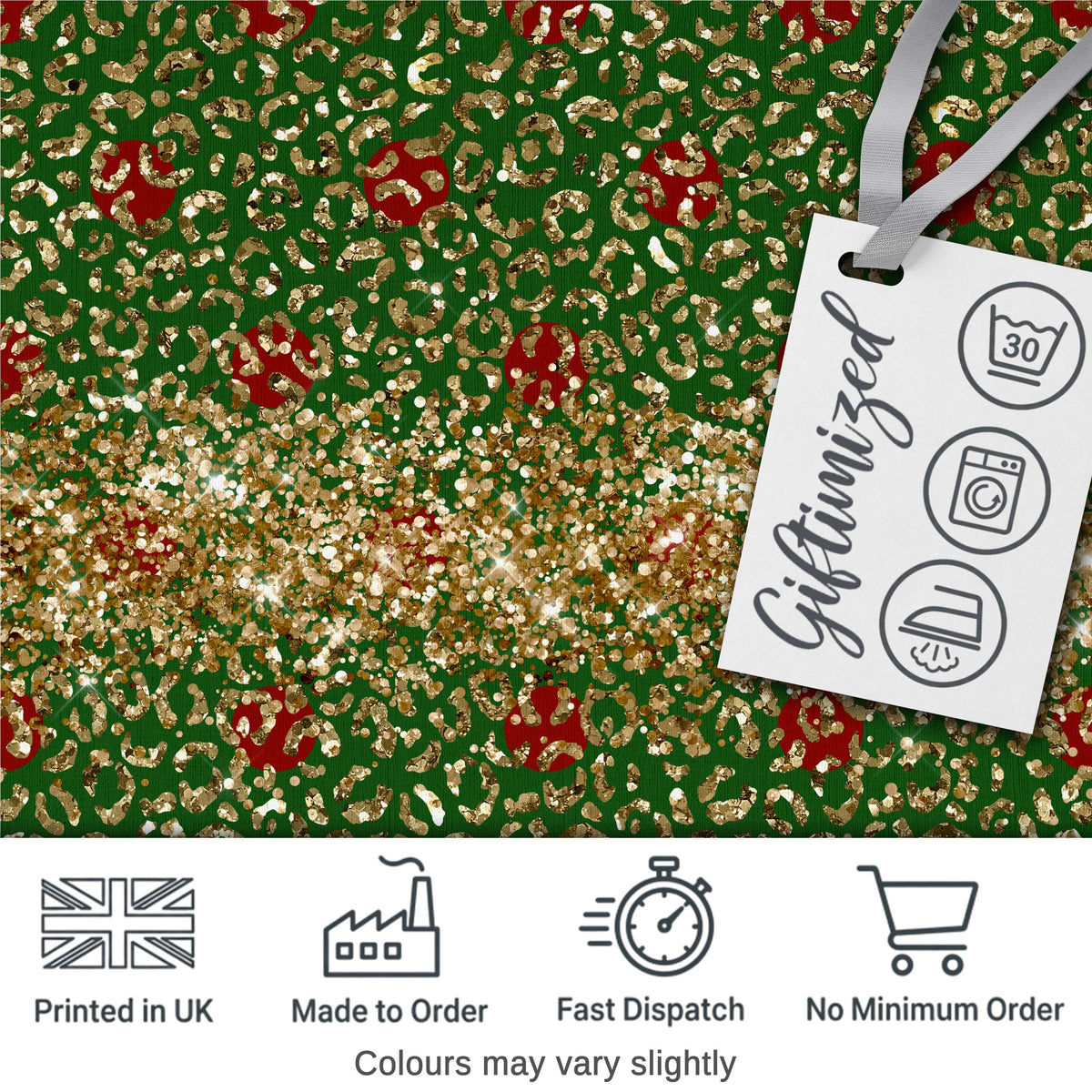 Festive Gold Leopard Print Glitter Christmas Seamless Pattern Digital Print Fabric by the Metre UK Sewing Quilting Textile