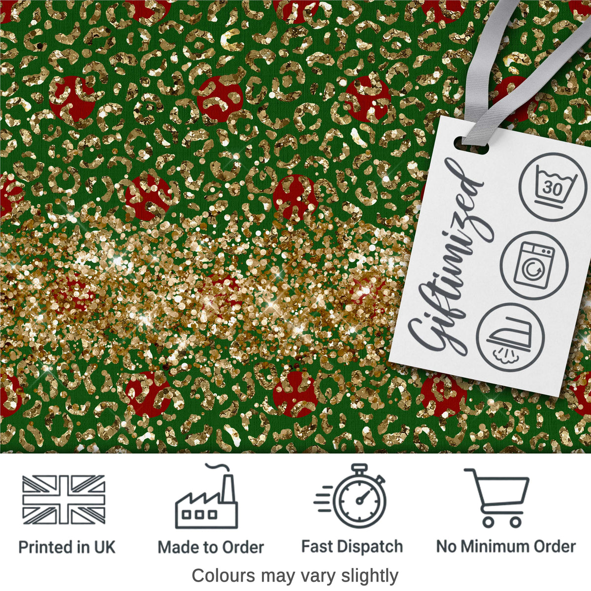 Gold Leopard Print Glitter Christmas Seamless Pattern Digital Print Fabric by the Metre UK Sewing Quilting Textile