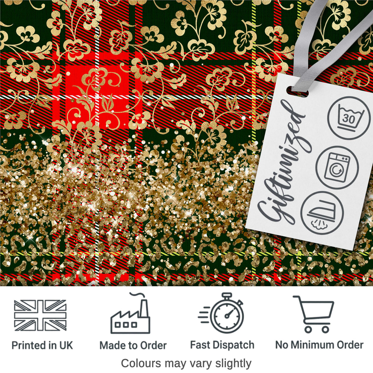 Festive Plaid Gold Floral Glitter Christmas Seamless Pattern Digital Print Fabric by the Metre UK Sewing Quilting Textile