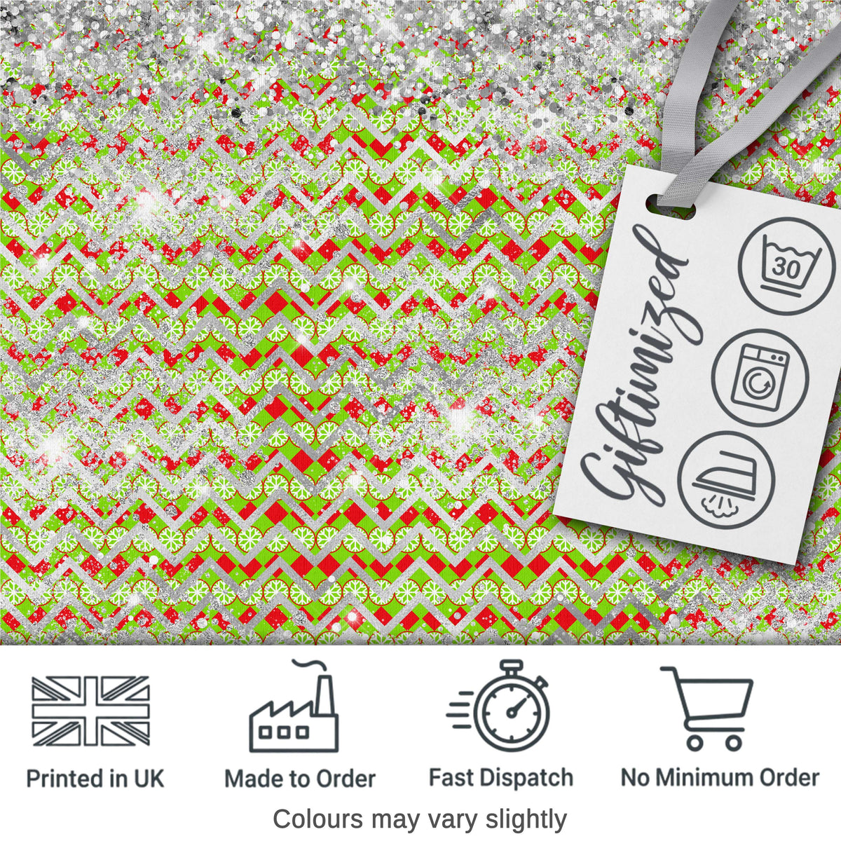 Green Red Chevron Silver Glitter Christmas Seamless Pattern Digital Print Fabric by the Metre UK Sewing Quilting Textile