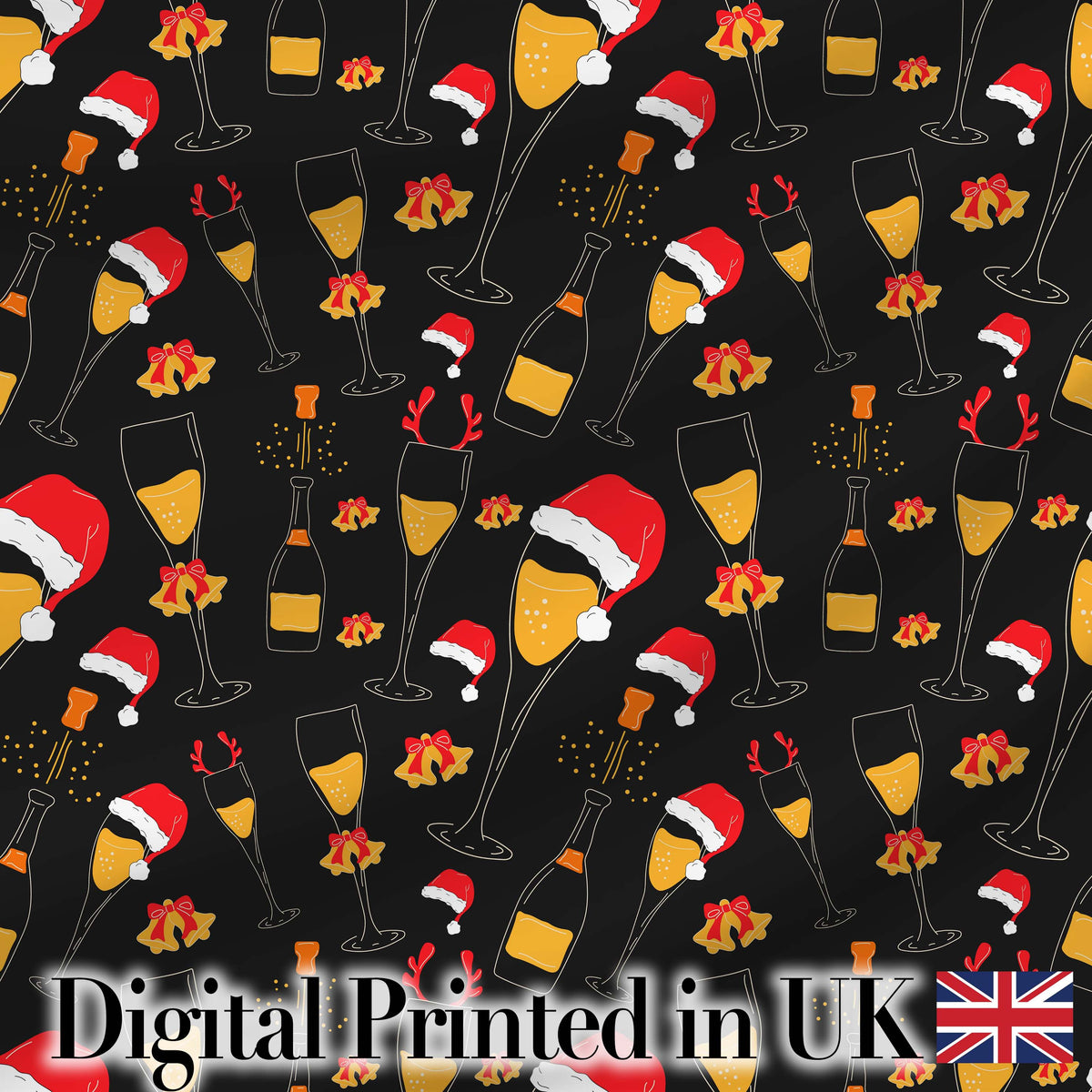 Festive Champagne Glass Santa Hat Christmas Seamless Pattern Digital Print Fabric by the Metre UK Sewing Quilting Textile