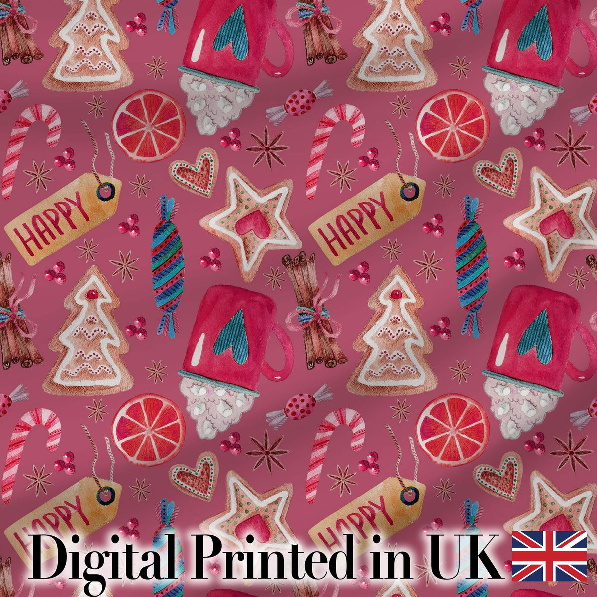 Watercolor Christmas Cookies Candy Mug Festive Seamless Pattern Digital Print Fabric by the Metre UK Sewing Quilting Textile