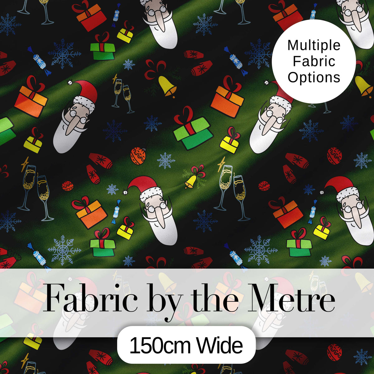 Cute Santa Gifts Champagne Christmas Seamless Pattern Digital Print Fabric by the Metre UK Sewing Quilting Textile