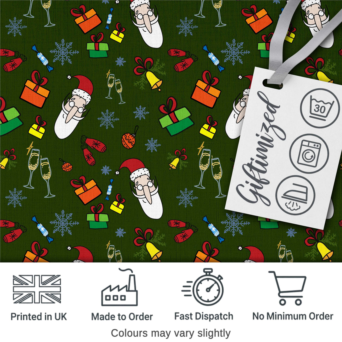 Cute Santa Gifts Champagne Christmas Seamless Pattern Digital Print Fabric by the Metre UK Sewing Quilting Textile