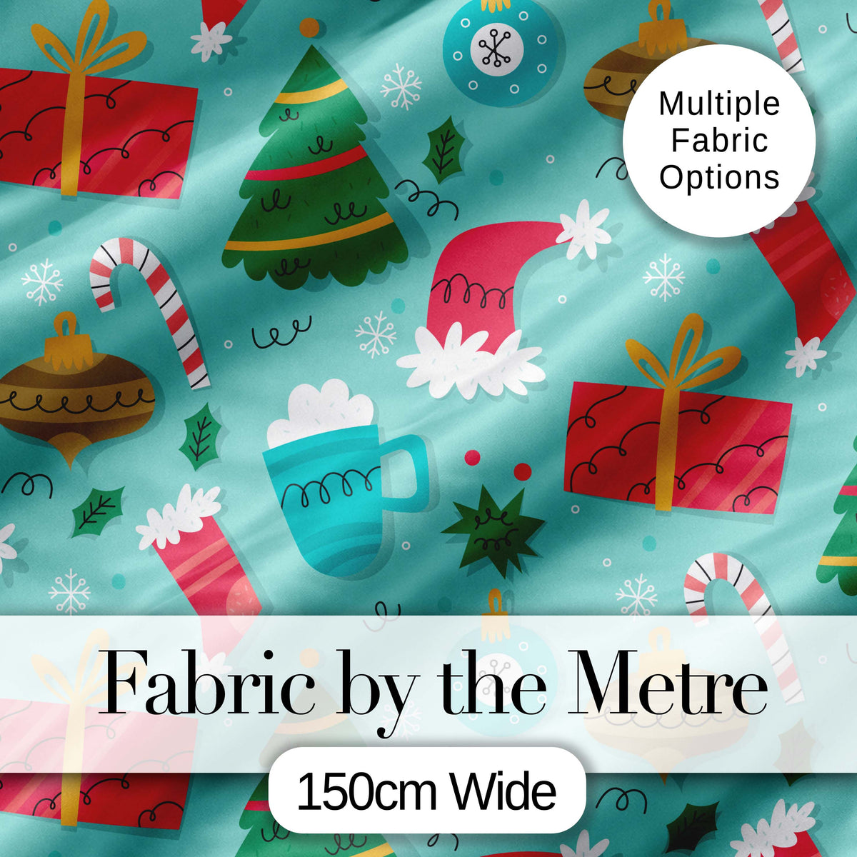 Christmas Mug Candy Cane Ornament Festive Seamless Pattern Digital Print Fabric by the Metre UK Sewing Quilting Textile