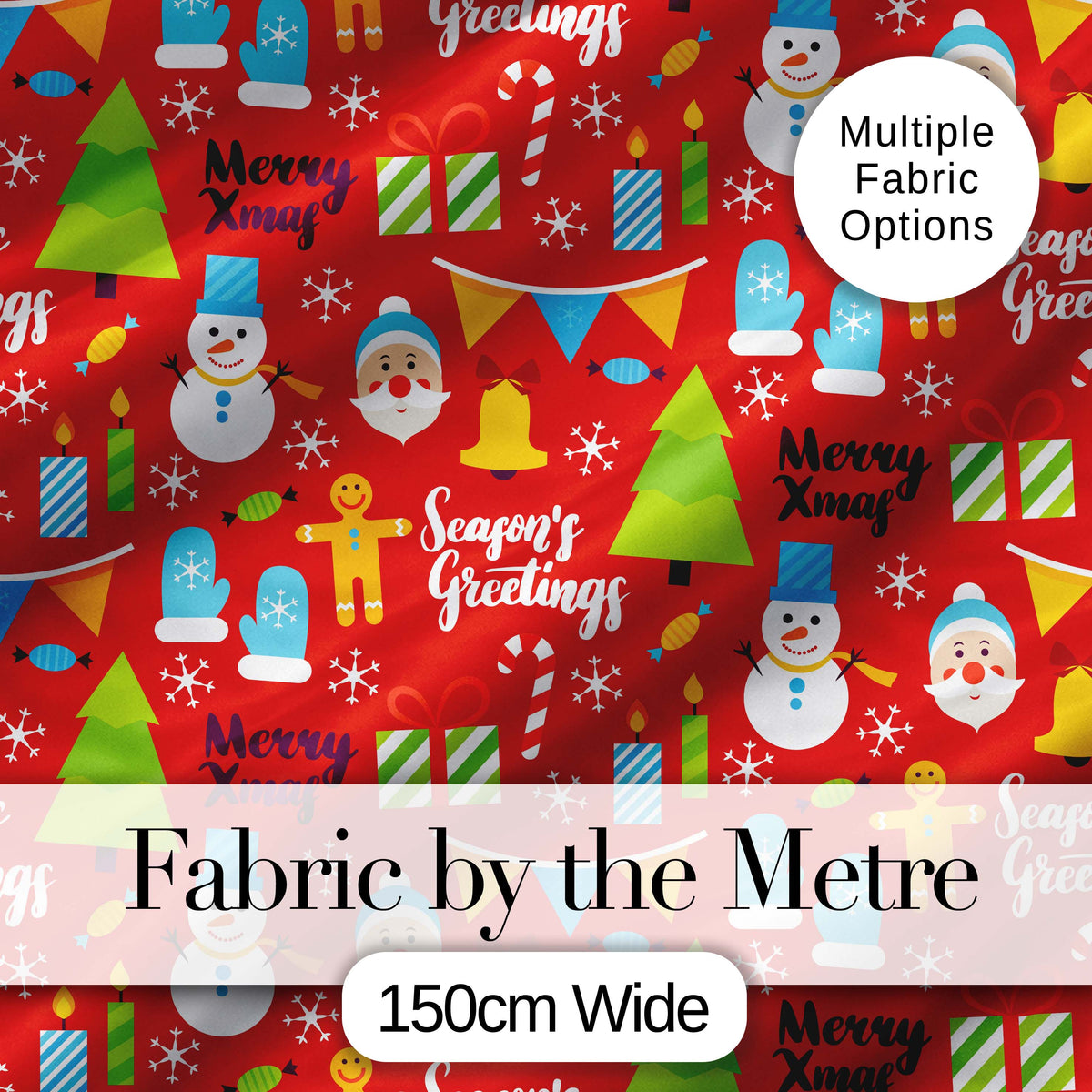 Merry Christmas Santa Snowman Candy Greeting Seamless Pattern Digital Print Fabric by the Metre UK Sewing Quilting Textile