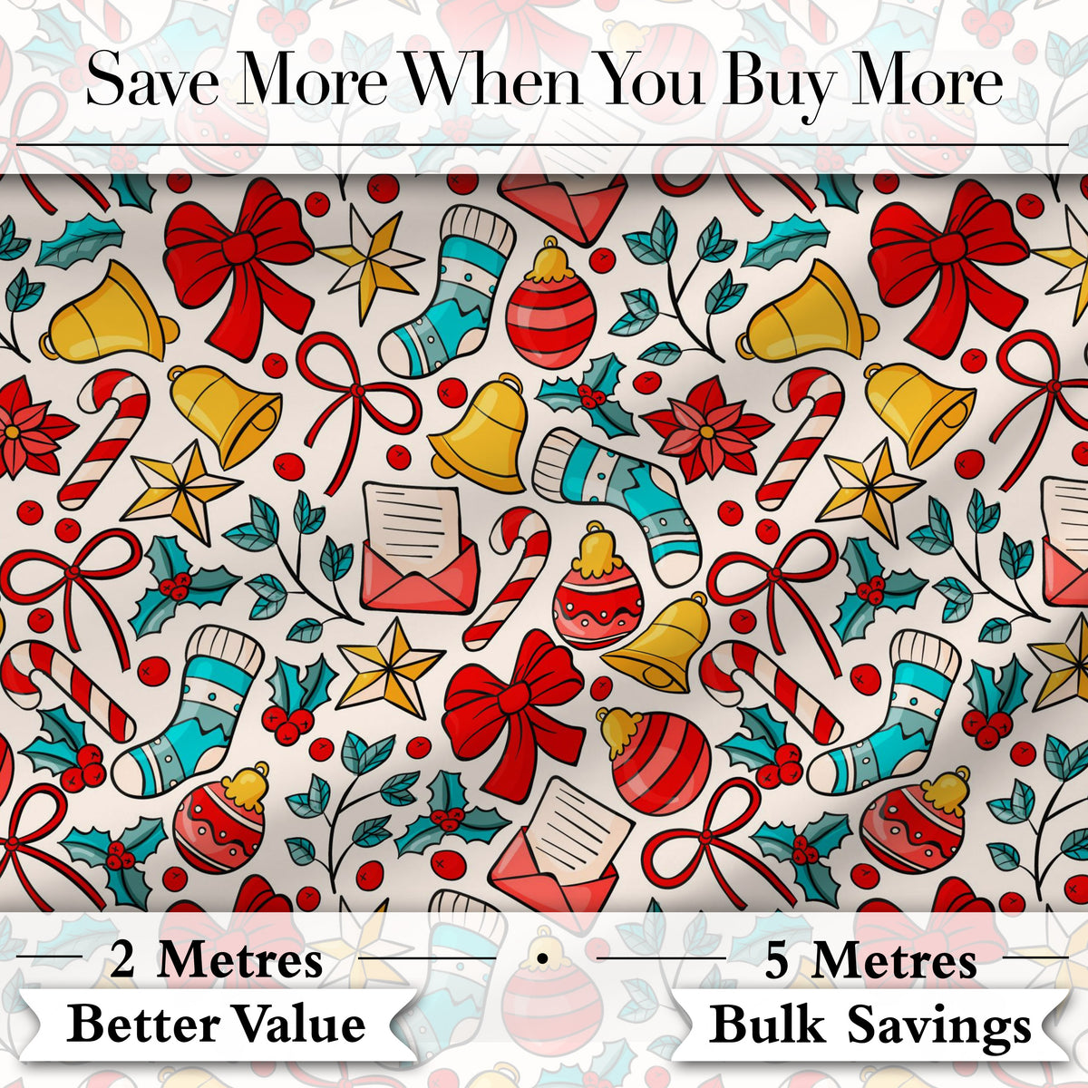 Christmas Bow Bell Ornament Holly Seamless Pattern Digital Print Fabric by the Metre UK Sewing Quilting Textile