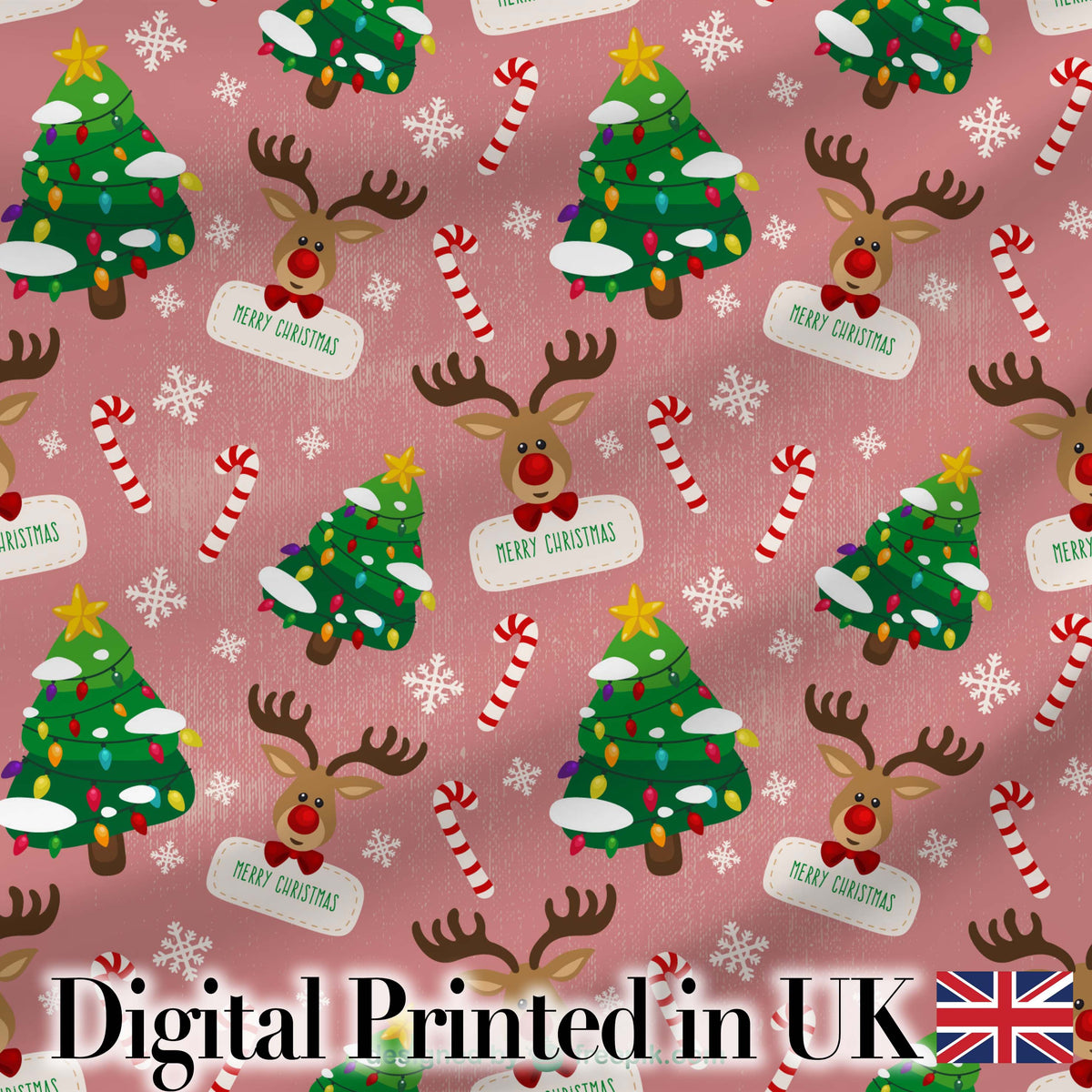 Cute Reindeer Christmas Tree Candy Cane Seamless Pattern Digital Print Fabric by the Metre UK Sewing Quilting Textile