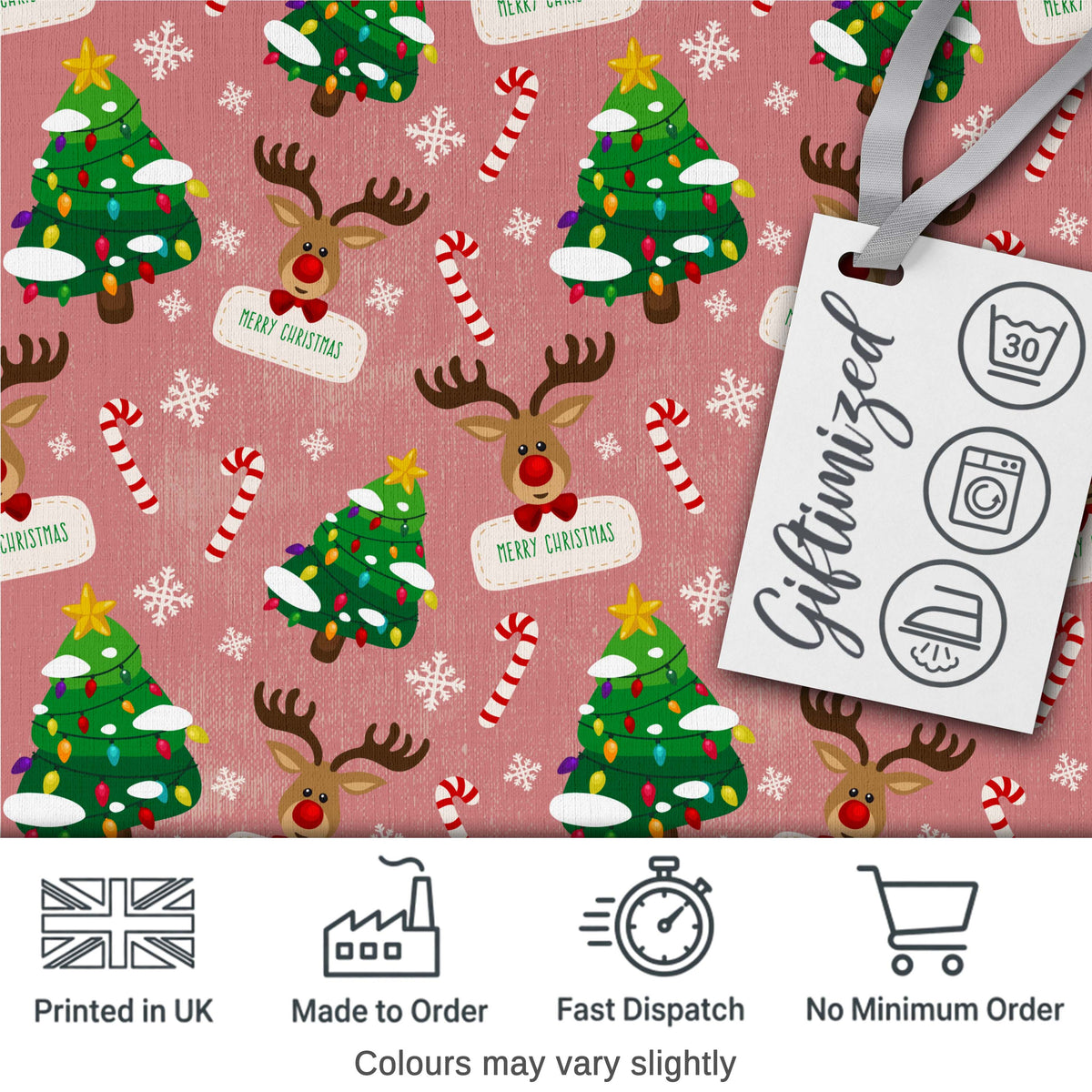 Cute Reindeer Christmas Tree Candy Cane Seamless Pattern Digital Print Fabric by the Metre UK Sewing Quilting Textile