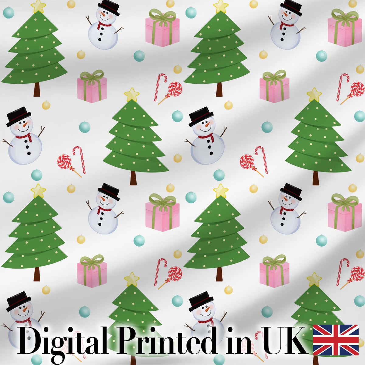 Cute Christmas Tree Snowman Candy Cane Gift Seamless Pattern Digital Print Fabric by the Metre UK Sewing Quilting Textile