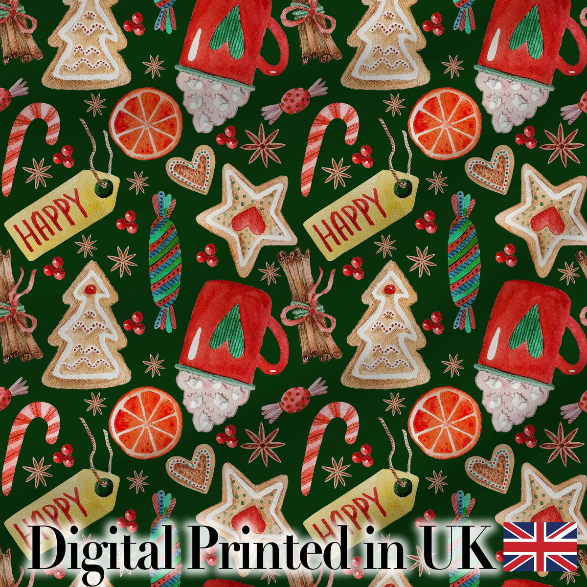 Watercolor Christmas Mug Cookie Candy Cane Orange Seamless Pattern Digital Print Fabric by the Metre UK Sewing Quilting Textile