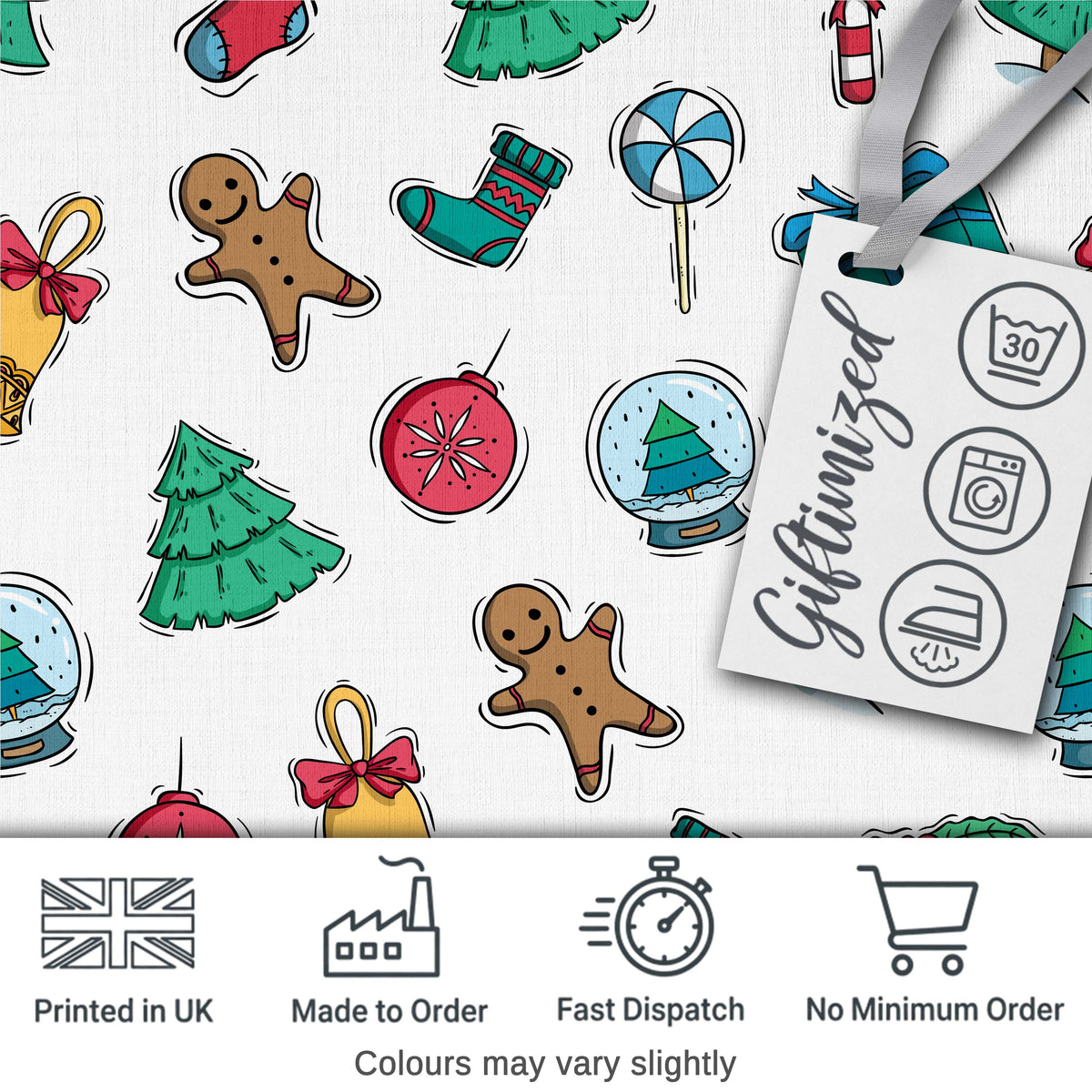 Cute Gingerbread Cookie Ornament Tree Bell Seamless Pattern Digital Print Fabric by the Metre UK Sewing Quilting Textile