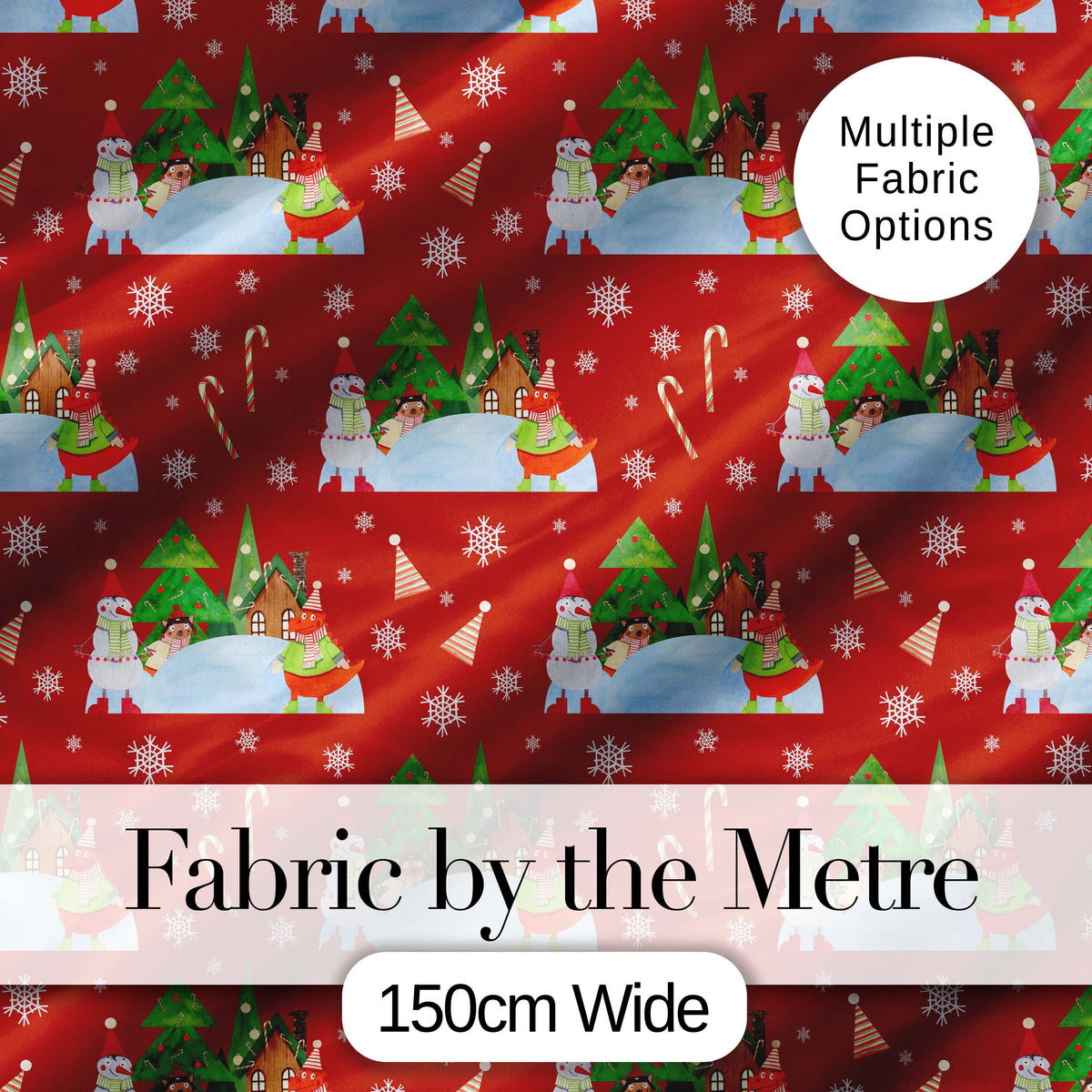 Cute Snowman Winter Village Candy Cane Seamless Pattern Digital Print Fabric by the Metre UK Sewing Quilting Textile