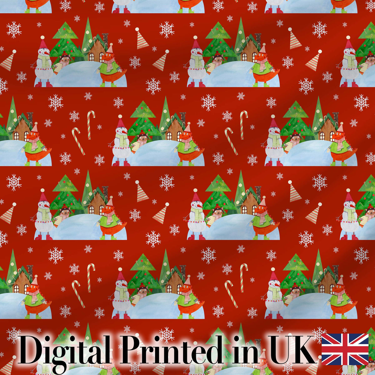 Cute Snowman Winter Village Candy Cane Seamless Pattern Digital Print Fabric by the Metre UK Sewing Quilting Textile