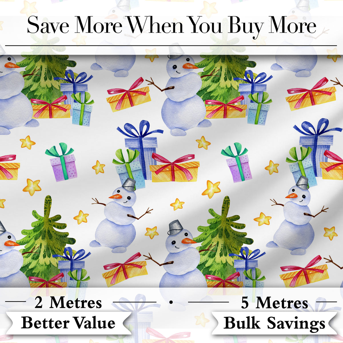 Watercolor Snowman Christmas Tree Gift Box Star Seamless Pattern Digital Print Fabric by the Metre UK Sewing Quilting Textile