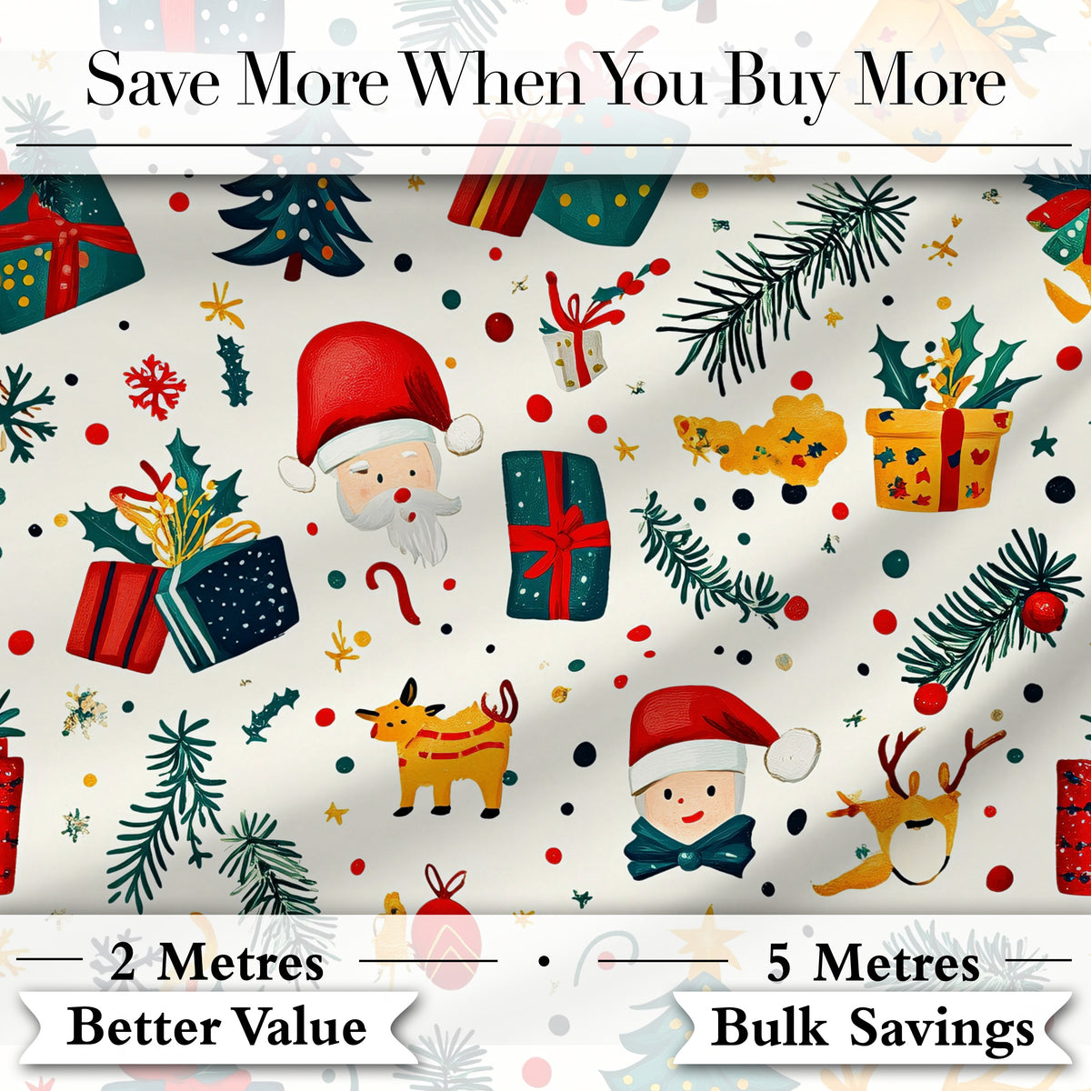 Cute Santa Reindeer Gift Box Pine Branch Seamless Pattern Digital Print Fabric by the Metre UK Sewing Quilting Textile