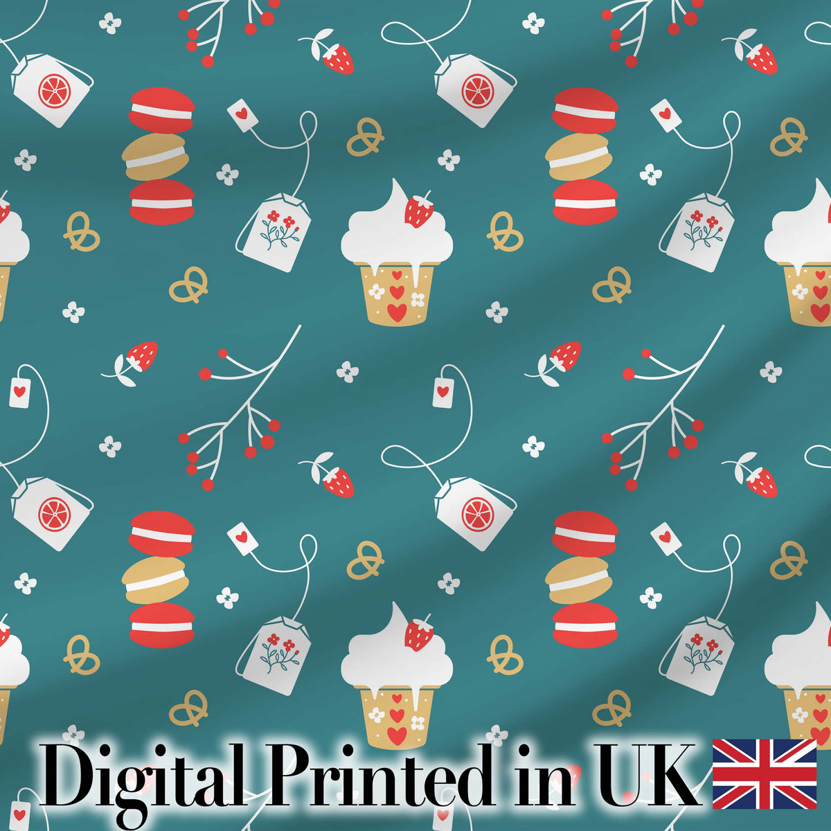Cute Macaron Cupcake Tea Bag Strawberry Seamless Pattern Digital Print Fabric by the Metre UK Sewing Quilting Textile