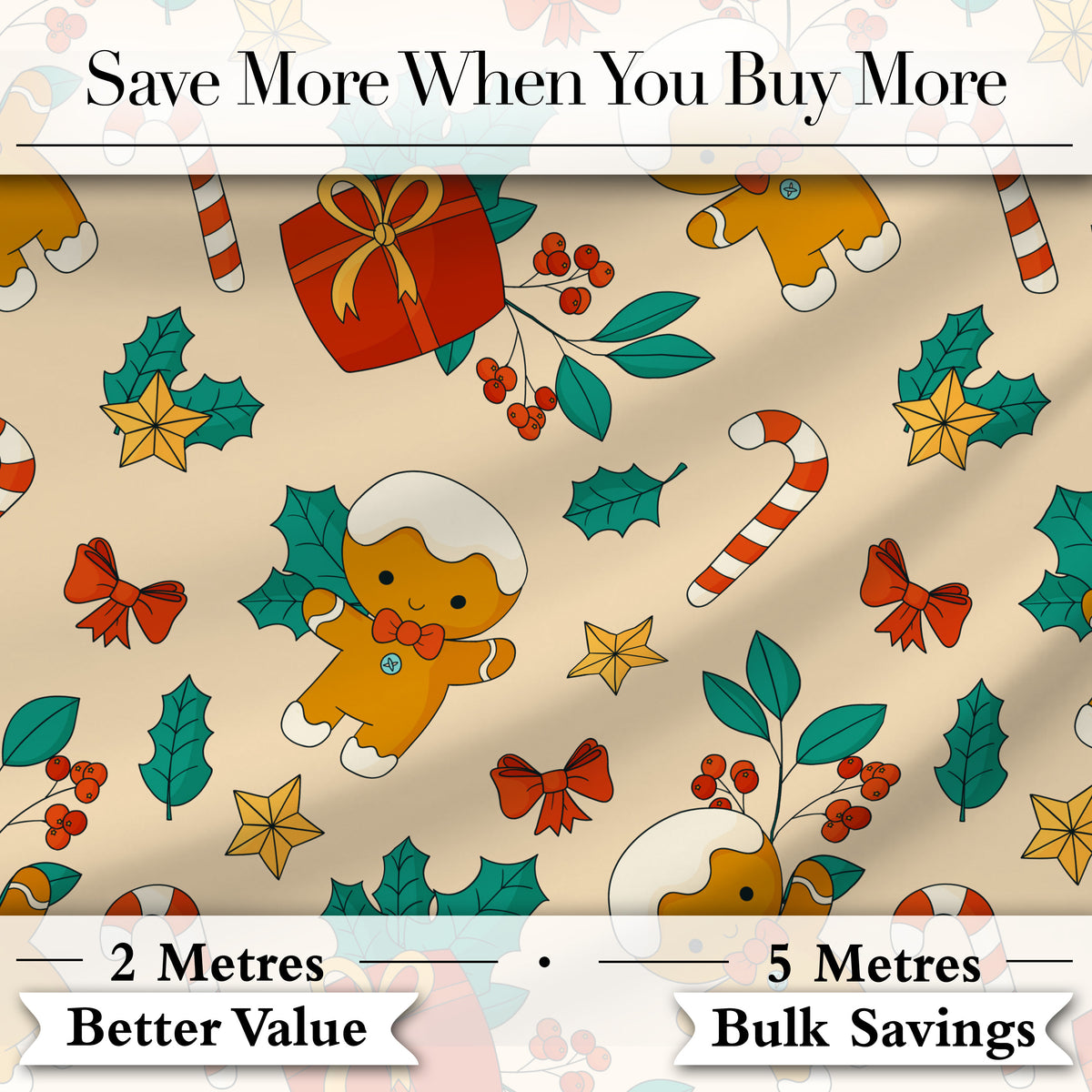 Cute Gingerbread Candy Cane Holly Berry Seamless Pattern Digital Print Fabric by the Metre UK Sewing Quilting Textile