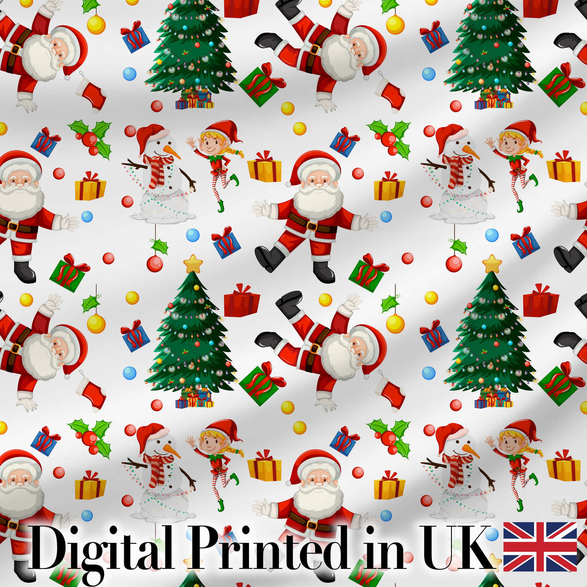 Cute Santa Snowman Elf Christmas Tree Seamless Pattern Digital Print Fabric by the Metre UK Sewing Quilting Textile