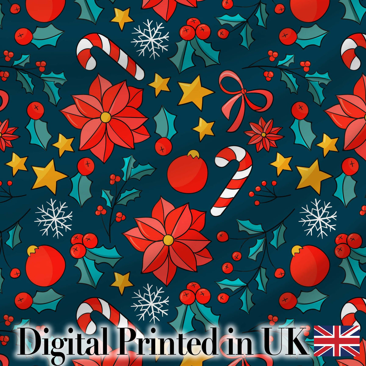 Festive Poinsettia Candy Cane Holly Berry Seamless Pattern Digital Print Fabric by the Metre UK Sewing Quilting Textile