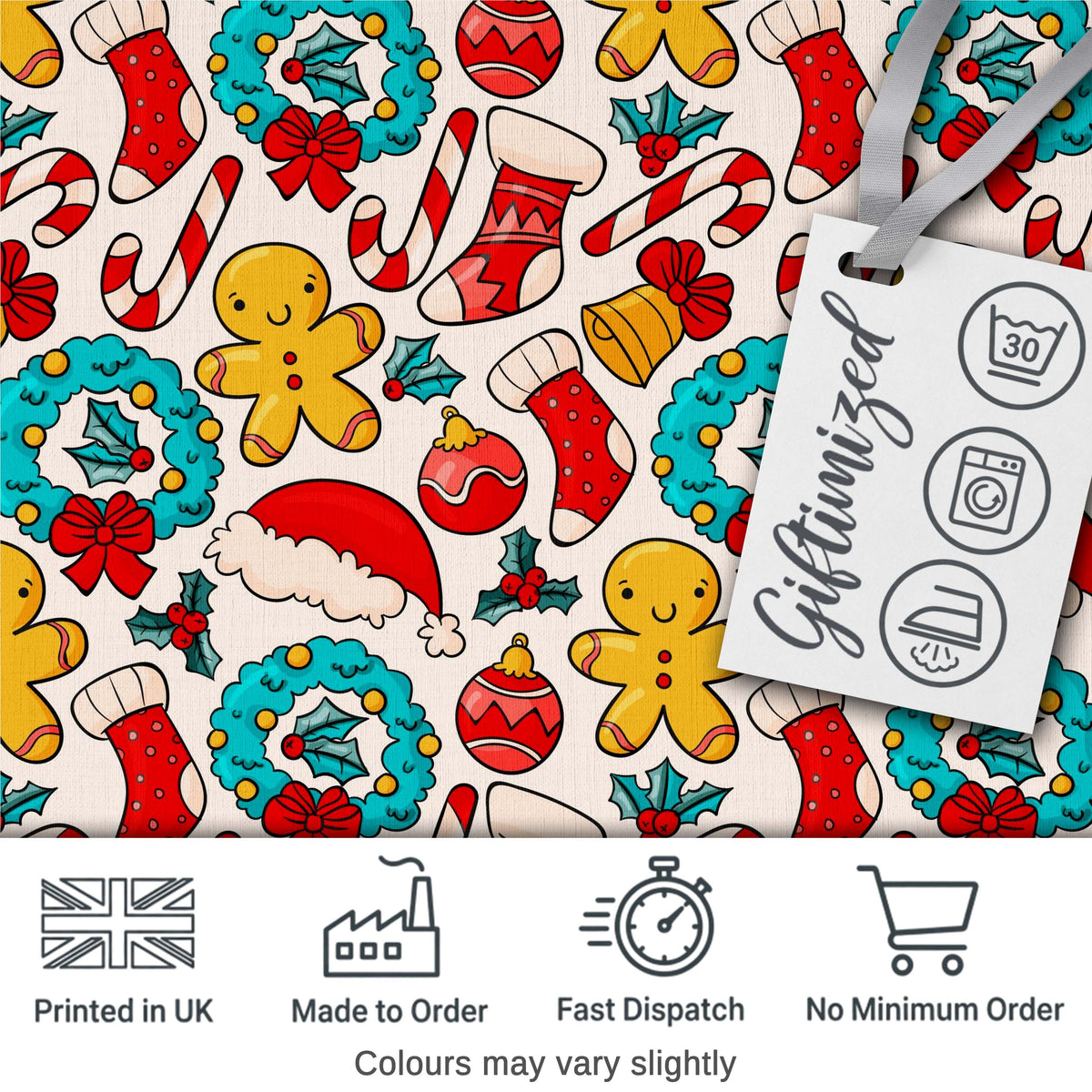 Cute Gingerbread Candy Cane Wreath Stocking Christmas Seamless Pattern Digital Print Fabric by the Metre UK Sewing Quilting Textile