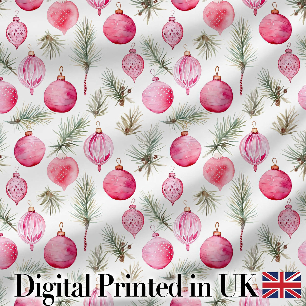 Watercolor Pink Bauble Pine Branch Christmas Seamless Pattern Digital Print Fabric by the Metre UK Sewing Quilting Textile