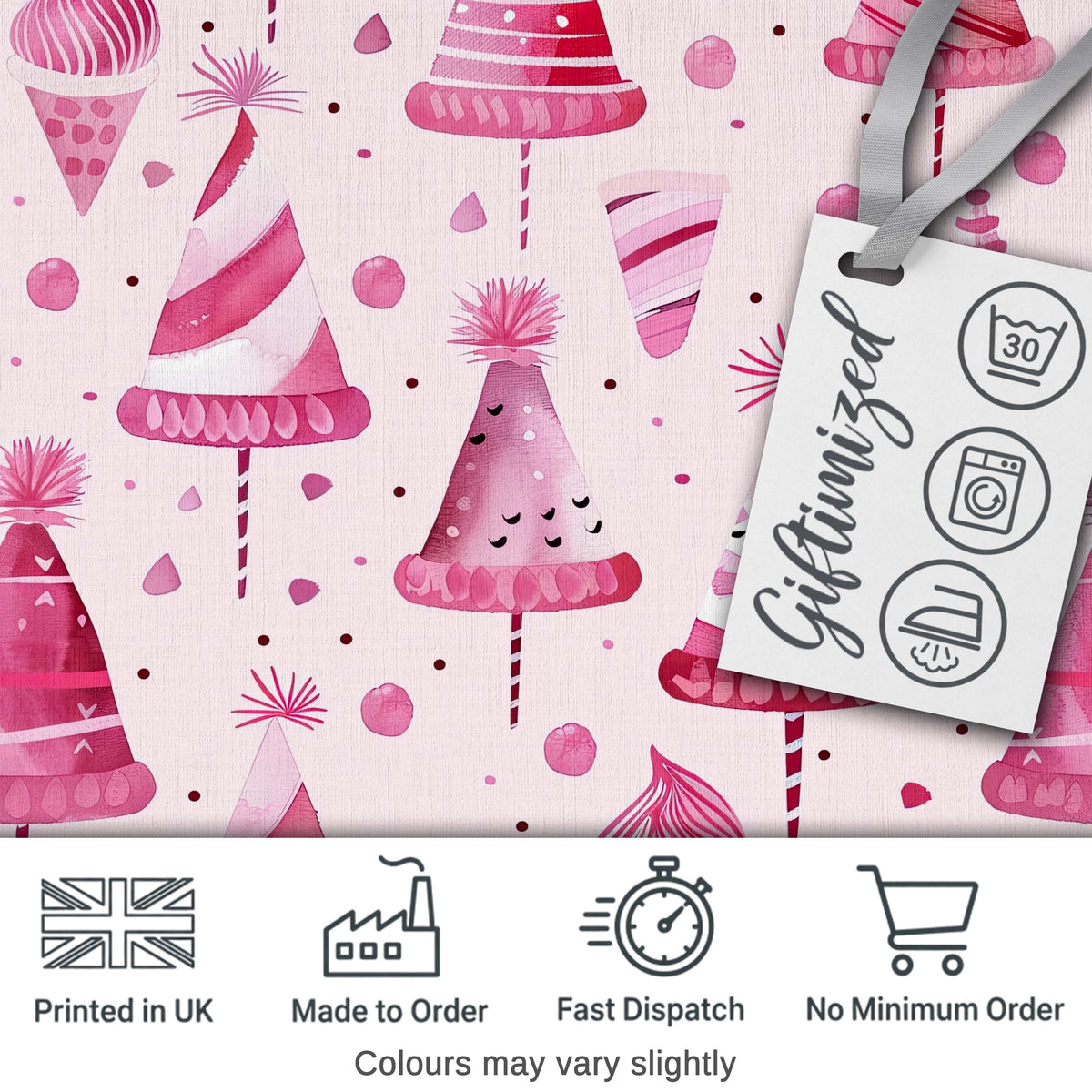 Cute Pink Party Hat Sweet Treat Festive Seamless Pattern Digital Print Fabric by the Metre UK Sewing Quilting Textile