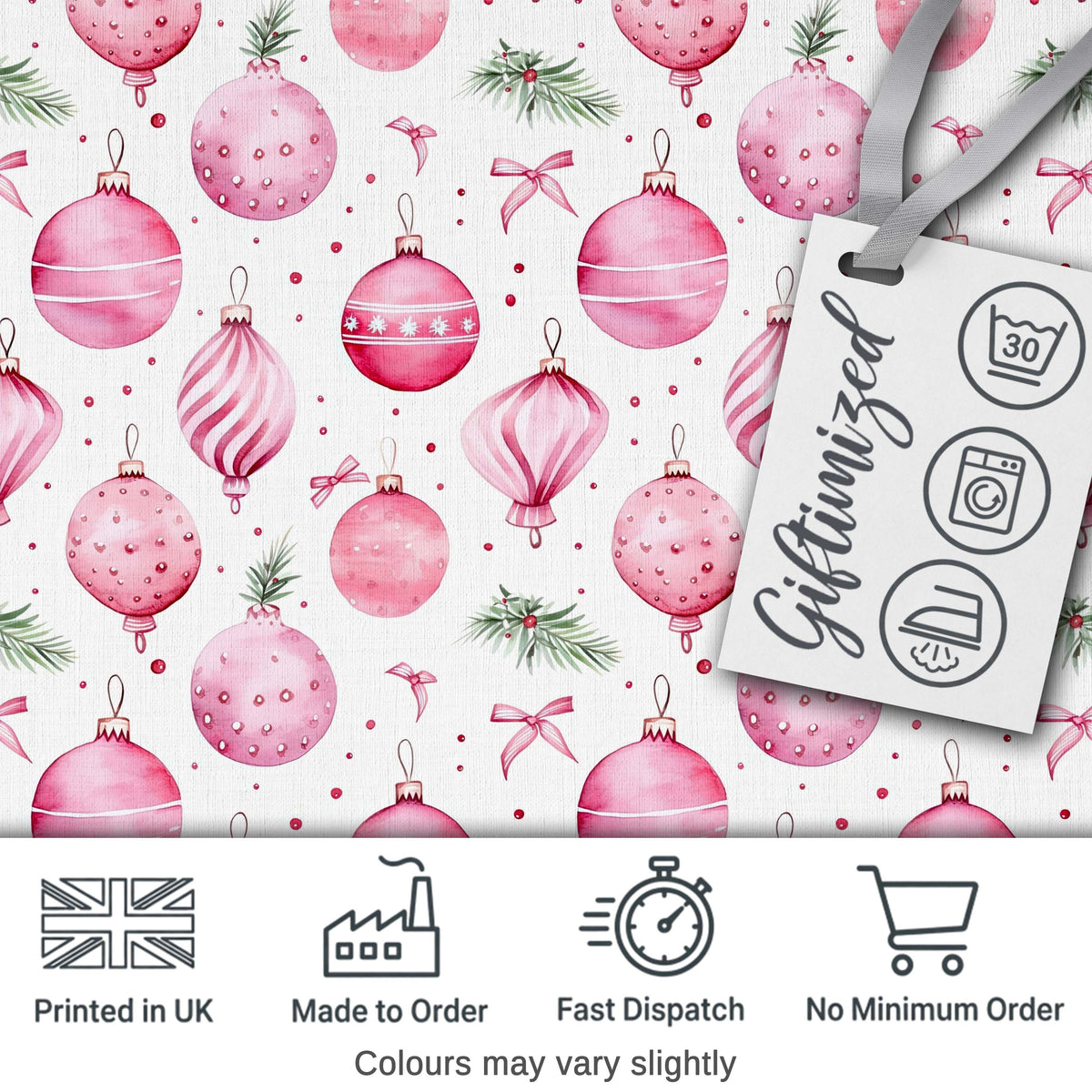 Watercolor Pink Christmas Bauble Pine Branch Seamless Pattern Digital Print Fabric by the Metre UK Sewing Quilting Textile