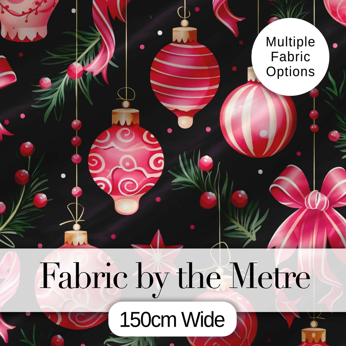 Elegant Pink Christmas Ornament Ribbon Dark Seamless Pattern Digital Print Fabric by the Metre UK Sewing Quilting Textile