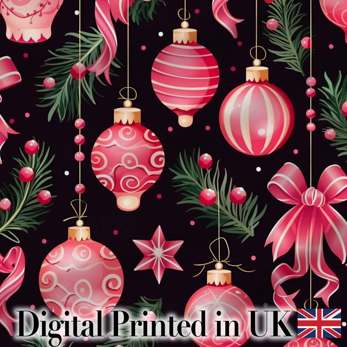 Elegant Pink Christmas Ornament Ribbon Dark Seamless Pattern Digital Print Fabric by the Metre UK Sewing Quilting Textile