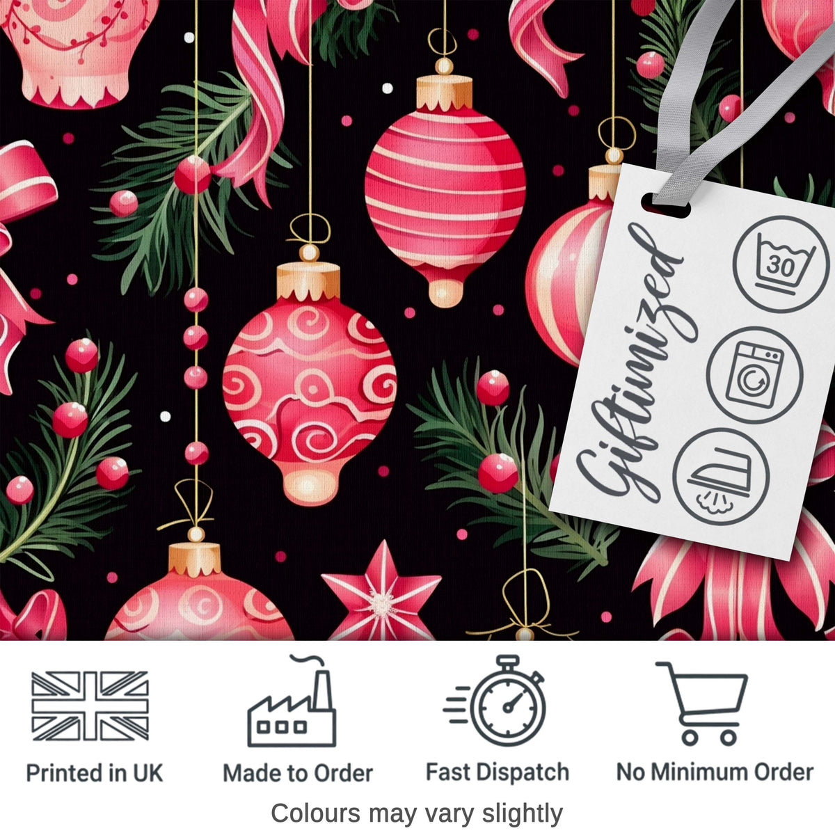 Elegant Pink Christmas Ornament Ribbon Dark Seamless Pattern Digital Print Fabric by the Metre UK Sewing Quilting Textile