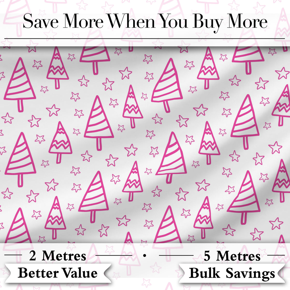 Cute Pink Christmas Tree Star Doodle Seamless Pattern Digital Print Fabric by the Metre UK Sewing Quilting Textile