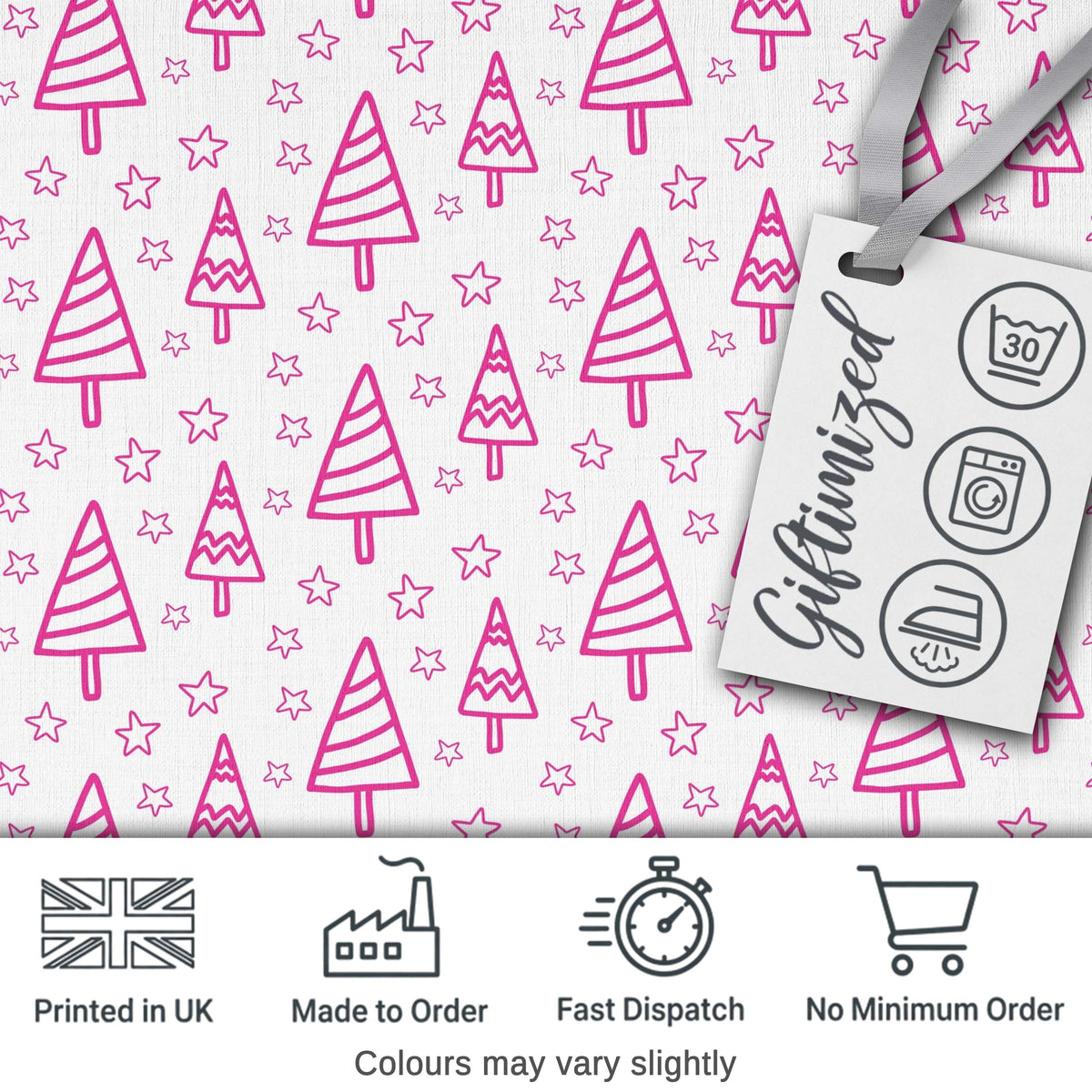 Cute Pink Christmas Tree Star Doodle Seamless Pattern Digital Print Fabric by the Metre UK Sewing Quilting Textile