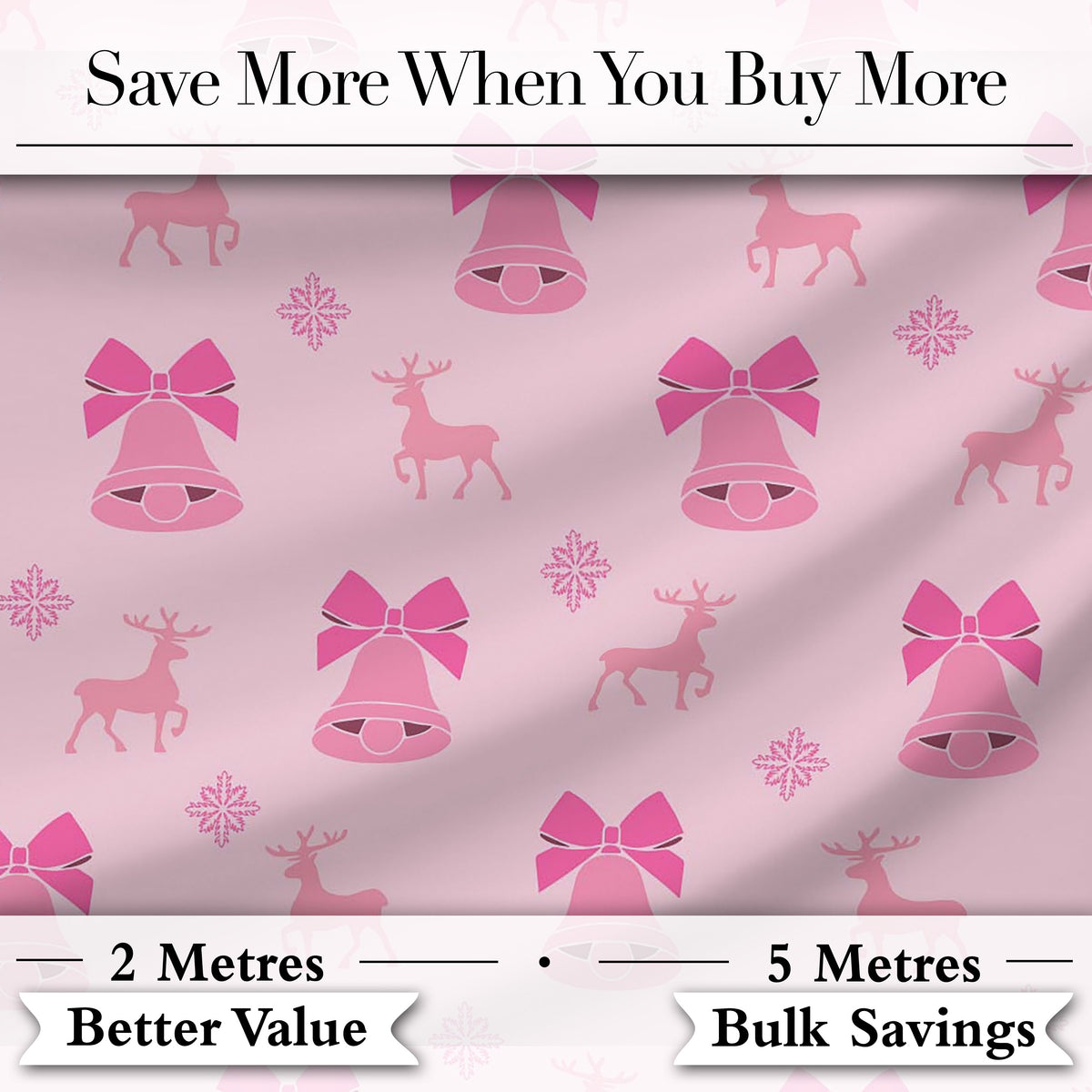 Minimal Pink Bell Bow Reindeer Winter Seamless Pattern Digital Print Fabric by the Metre UK Sewing Quilting Textile