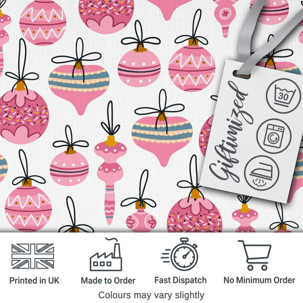 Cute Pink Christmas Baubles Ornament Seamless Pattern Digital Print Fabric by the Metre UK Sewing Quilting Textile