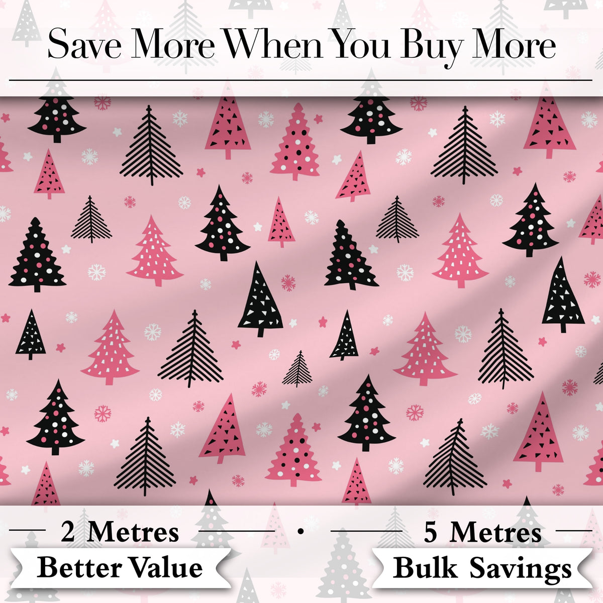 Pink Black Christmas Tree Snowflake Seamless Pattern Digital Print Fabric by the Metre UK Sewing Quilting Textile